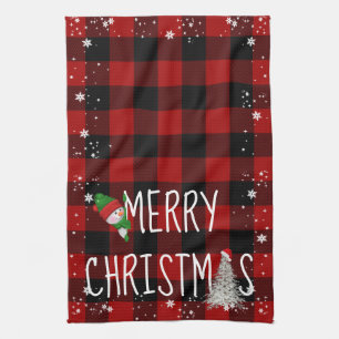 Merry Christmas Snowman Buffalo Plaid Tea Towel