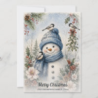 Merry Christmas Snowman Chickadees Watercolor