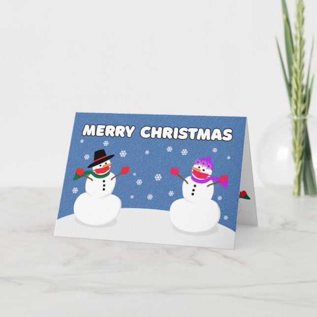 Merry Christmas Snowman Couple in Covid Face Masks Holiday Card (Front)