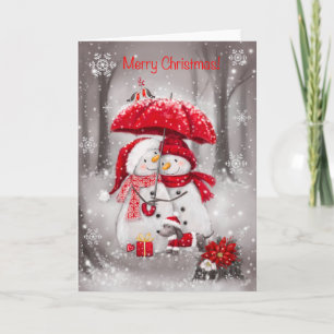 Merry Christmas, Snowman Couple with Umbrella Card