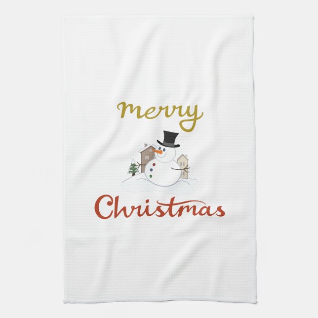 Merry Christmas+Snowman Design Tea Towel (Vertical)