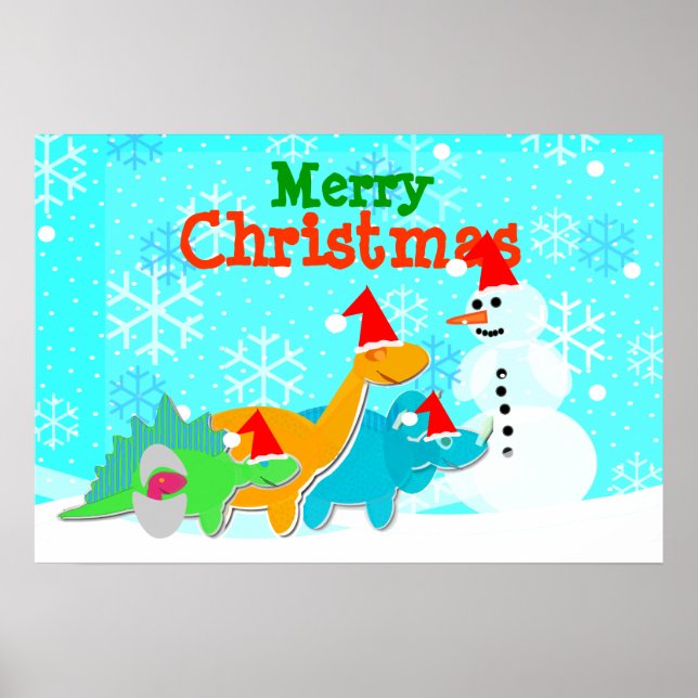 Merry Christmas Snowman & Dinosaurs Poster (Front)
