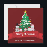 Merry Christmas Snowman Family Cute Custom Holiday Card<br><div class="desc">This cute Christmas card features an adorable snowman family drawing in front of a beautiful Christmas tree. The festive red banner is customised with your own text and the back can be personalised with your own holiday greeting for Xmas.</div>