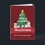 Merry Christmas Snowman Family Cute Custom Holiday Card<br><div class="desc">This cute Christmas card features an adorable snowman family drawing in front of a beautiful Christmas tree. The festive red banner is customised with your own text and the inside can be personalised with your own holiday greeting for Xmas.</div>