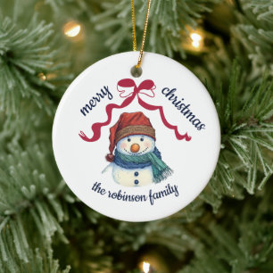 Merry Christmas Snowman Family Name Year Ceramic Ornament