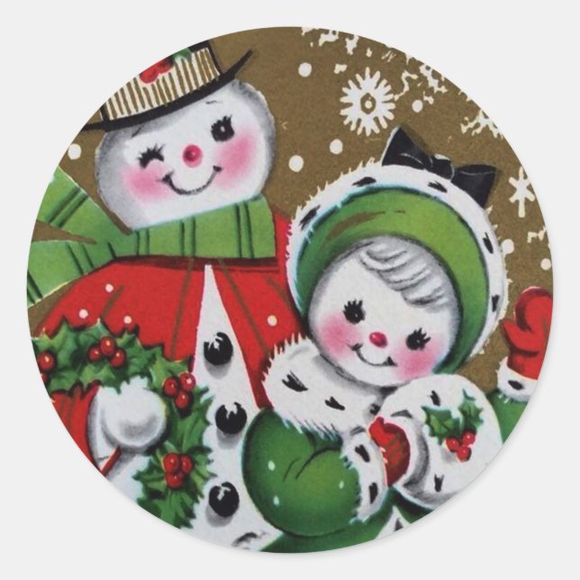 Merry Christmas Snowman & his Girlfriend  Classic Round Sticker (Front)