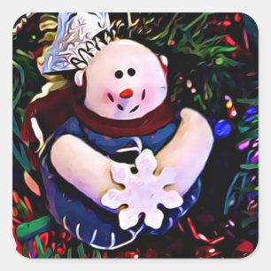 Merry Christmas Snowman Holding Snowflake Square Sticker