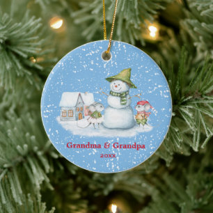 Merry Christmas Snowman Holiday Grandma Grandpa Ceramic Ornament