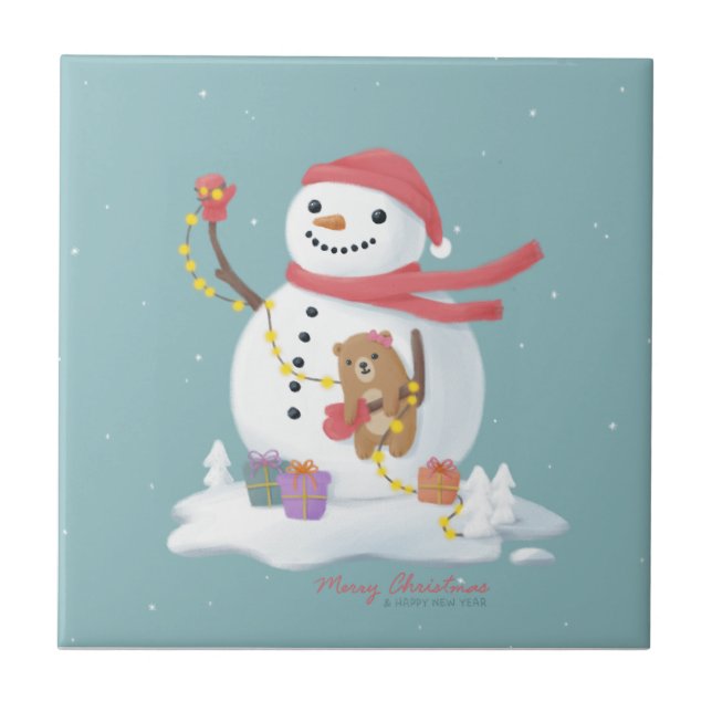 Merry Christmas: Snowman Illustration Art Ceramic Tile (Front)