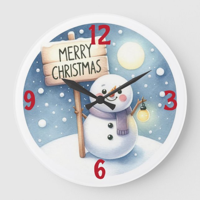 Merry Christmas Snowman Large Clock (Front)