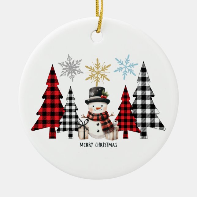 Merry Christmas Snowman Plaid Christmas Tree Ceramic Ornament (Front)
