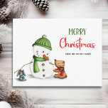 Merry Christmas Snowman  Postcard<br><div class="desc">Cute Merry Christmas family postcard with an illustration of a cute snowman surrounded by some animal friends. Personalise the text to add your own heartfelt message and send to your loved ones this upcoming holiday season. Illustrated and designed by Patricia Alvarez.</div>