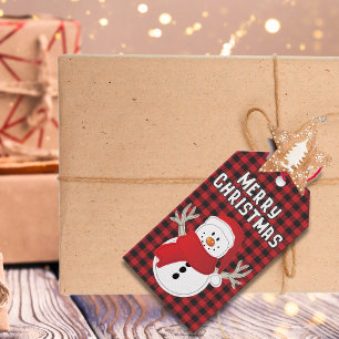 Merry Christmas Snowman Red Black Buffalo Plaid Gift Tags