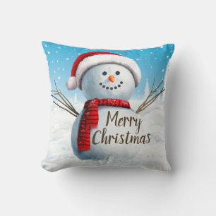 Merry Christmas Snowman Red Scarf Cushion