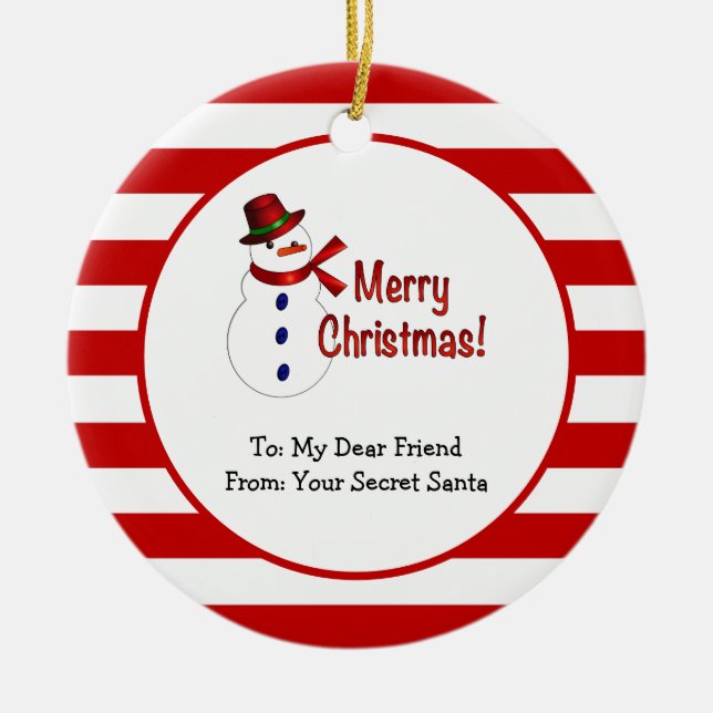 Merry Christmas Snowman Red Stripes Secret Santa Ceramic Ornament (Front)