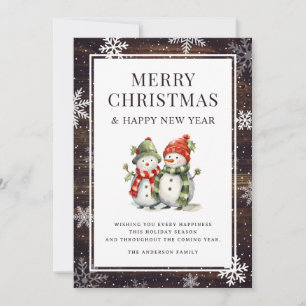 Merry Christmas Snowman Rustic Wood Snowflake Holiday Card