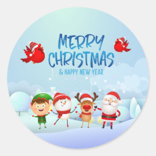 Merry Christmas Snowman Santa Claus Rudolph Elf Classic Round Sticker