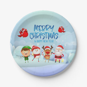 Merry Christmas Snowman Santa Claus Rudolph Elf Paper Plate