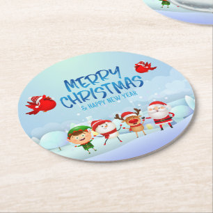 Merry Christmas Snowman Santa Claus Rudolph Elf Round Paper Coaster