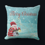 Merry Christmas, Snowman, Santa Hat Cushion<br><div class="desc">Merry christmas ,  snowman with santa hat on forest.</div>