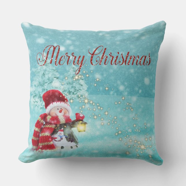 Merry Christmas, Snowman, Santa Hat Cushion (Front)