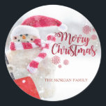 Merry Christmas, Snowman, Santa Hat - Personalised Classic Round Sticker<br><div class="desc">Merry Christmas ,  snowman with santa hat on bokeh background with your name.</div>