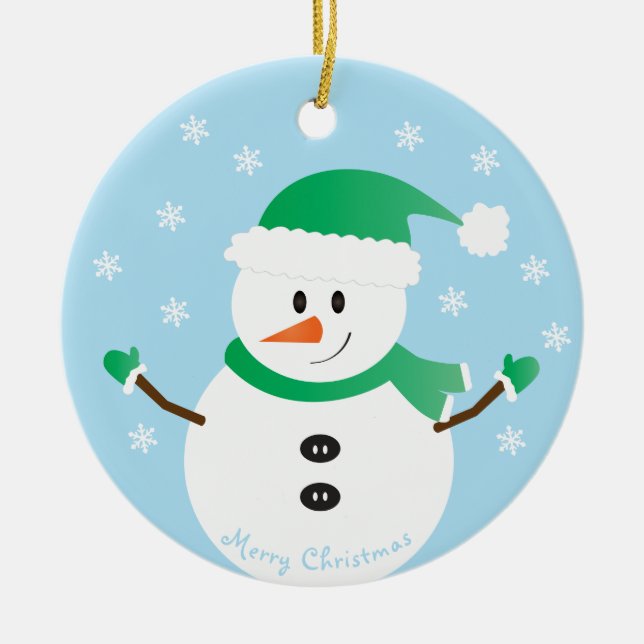 Merry Christmas Snowman Snowflakes Ceramic Ornament (Front)