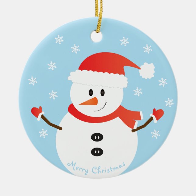 Merry Christmas Snowman Snowflakes Ceramic Ornament (Front)