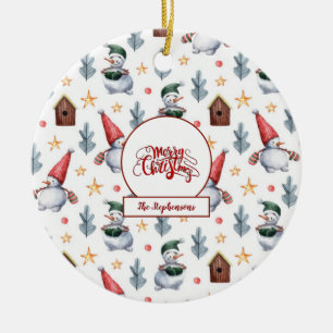 Merry Christmas Snowman Snowflakes Monogram Ceramic Ornament