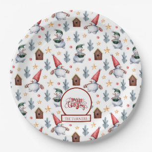 Merry Christmas Snowman Snowflakes Monogram Paper Plate