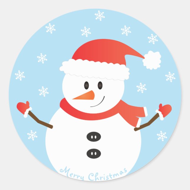 Merry Christmas Snowman Snowflakes Red Classic Round Sticker (Front)