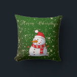 Merry Christmas,Snowman,Sparkles,Green Cushion<br><div class="desc">Merry christmas , snowman , sparkles  on green background.</div>