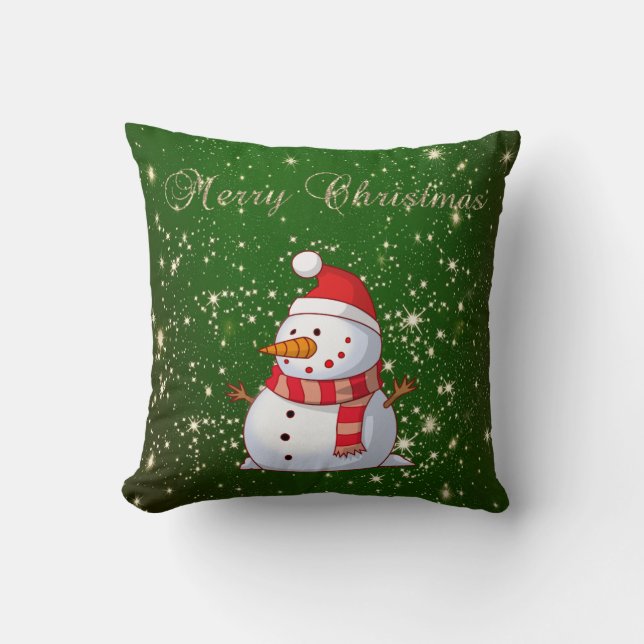 Merry Christmas,Snowman,Sparkles,Green Cushion (Front)