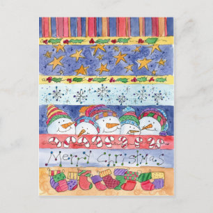 Merry Christmas Snowman Stockings Snowflakes Holiday Postcard