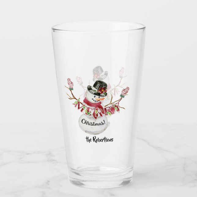 Merry Christmas Snowman w Mittens n Hat Watercolor Glass (Back)