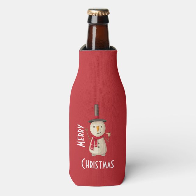 Merry Christmas Snowman Waving And Smiling Bottle Cooler (Bottle Front)