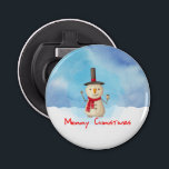 Merry Christmas Snowman Waving And Smiling Bottle Opener<br><div class="desc">Bottle opener with a cute snowman illustration. He is wearing a black stovepipe hat, holding a classic corn cob pipe, and wearing a red scarf. Standing in the cold white snow smiling and waving hello. The background is composed of a watercolor sky with blue and purple colours blending and mingling...</div>
