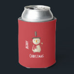 Merry Christmas Snowman Waving And Smiling Can Cooler<br><div class="desc">Can cozie cooler with a cute snowman illustration. He is wearing a black stovepipe hat, holding a classic corn cob pipe, and wearing a red scarf. Standing in the cold white snow smiling and waving hello. Set on a festive red background with Merry Christmas text in a cool art nouveau...</div>