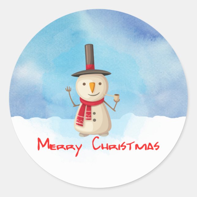 Merry Christmas Snowman Waving And Smiling Classic Round Sticker (Front)
