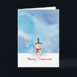 Merry Christmas Snowman Waving And Smiling Holiday Card<br><div class="desc">Holiday greeting card with a cute snowman illustration. He is wearing a black stovepipe hat, holding a classic corn cob pipe, and wearing a red scarf. Standing in the cold white snow smiling and waving hello. The background is composed of a watercolor sky with blue and purple colours blending and...</div>