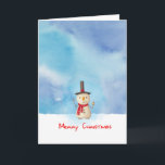 Merry Christmas Snowman Waving And Smiling Holiday Card<br><div class="desc">Holiday greeting card with a cute snowman illustration. He is wearing a black stovepipe hat, holding a classic corn cob pipe, and wearing a red scarf. Standing in the cold white snow smiling and waving hello. The background is composed of a watercolor sky with blue and purple colours blending and...</div>