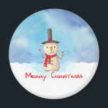 Merry Christmas Snowman Waving And Smiling Magnet<br><div class="desc">A holiday magnet with a cute snowman illustration. He is wearing a black stovepipe hat, holding a classic corn cob pipe, and wearing a red scarf. Standing in the cold white snow smiling and waving hello. The background is composed of a watercolor sky with blue and purple colours blending and...</div>