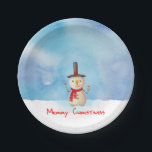 Merry Christmas Snowman Waving And Smiling Paper Plate<br><div class="desc">Paper plates with a cute snowman illustration. He is wearing a black stovepipe hat, holding a classic corn cob pipe, and wearing a red scarf. Standing in the cold white snow smiling and waving hello. The background is composed of a watercolor sky with blue and purple colours blending and mingling...</div>