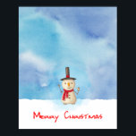 Merry Christmas Snowman Waving And Smiling Poster<br><div class="desc">Holiday poster with a cute snowman illustration. He is wearing a black stovepipe hat, holding a classic corn cob pipe, and wearing a red scarf. Standing in the cold white snow smiling and waving hello. The background is composed of awatercolor sky with blue and purple colours blending and mingling together....</div>