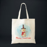 Merry Christmas Snowman Waving And Smiling Tote Bag<br><div class="desc">A tote bag with a cute snowman illustration. He is wearing a black stovepipe hat,  holding a classic corn cob pipe,  and wearing a red scarf. Standing in the cold white snow smiling and waving hello. Text says Merry Christmas in a cute red font.</div>