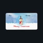 Merry Christmas Snowman Waving Gift Tag<br><div class="desc">Gift tag label with a cute snowman illustration. He is wearing a black stovepipe hat, holding a classic corn cob pipe, and wearing a red scarf. Standing in the cold white snow smiling and waving hello. The background is composed of a watercolor sky with blue and purple colours blending and...</div>