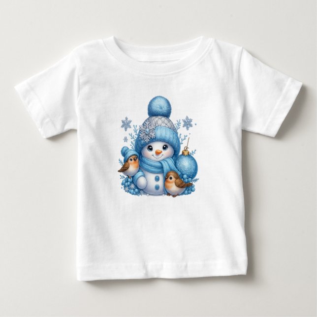 Merry Christmas Snowman With Birds Holiday Tee (Front)