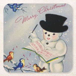 Merry Christmas Snowman With Birds Square Paper Coaster