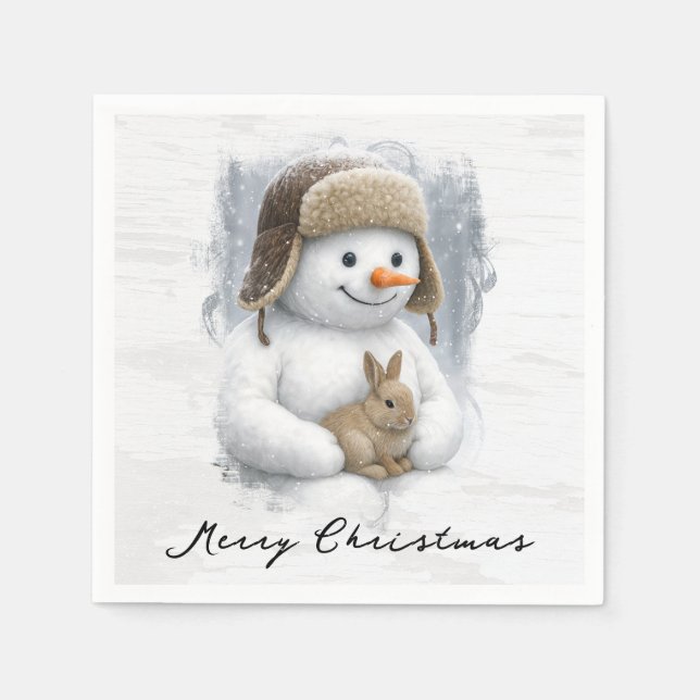 Merry Christmas Snowman With Bunny Napkin (Front)