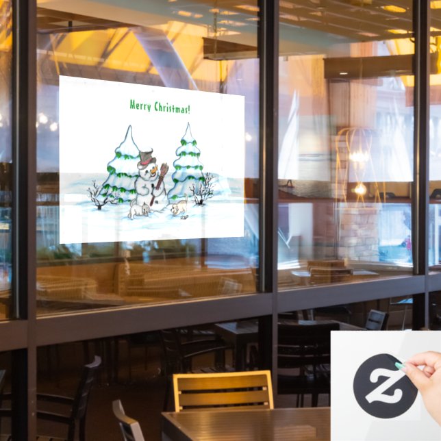 Merry Christmas! Snowman with Cat and Puppy (Restaurant Window)